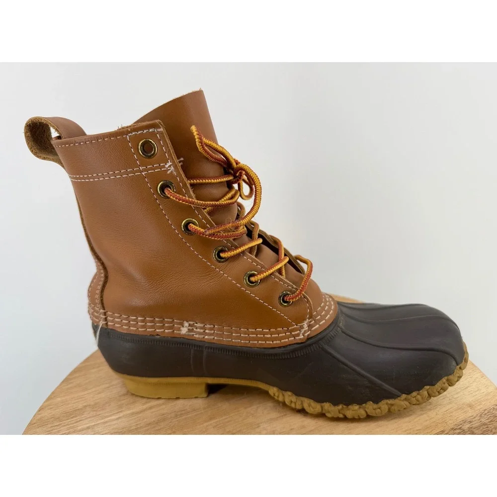 LL Bean Womens 8 Bean Boots Tan Brown Leather Rubber Duck Boots Made in USA
